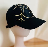 Image 1 of Cap / baseball hat / adult / black twill / gold shiny spider web face panels (Can-Am Spyder)