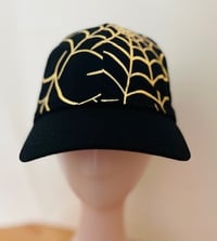 Image 2 of Cap / baseball hat / adult / black twill / gold shiny spider web face panels (Can-Am Spyder)