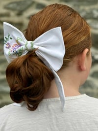 Image 2 of Embroidered Hair Bow - Vintage Cotton Tablecloth