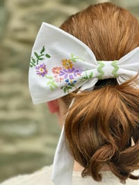 Image 3 of Embroidered Hair Bow - Vintage Cotton Tablecloth