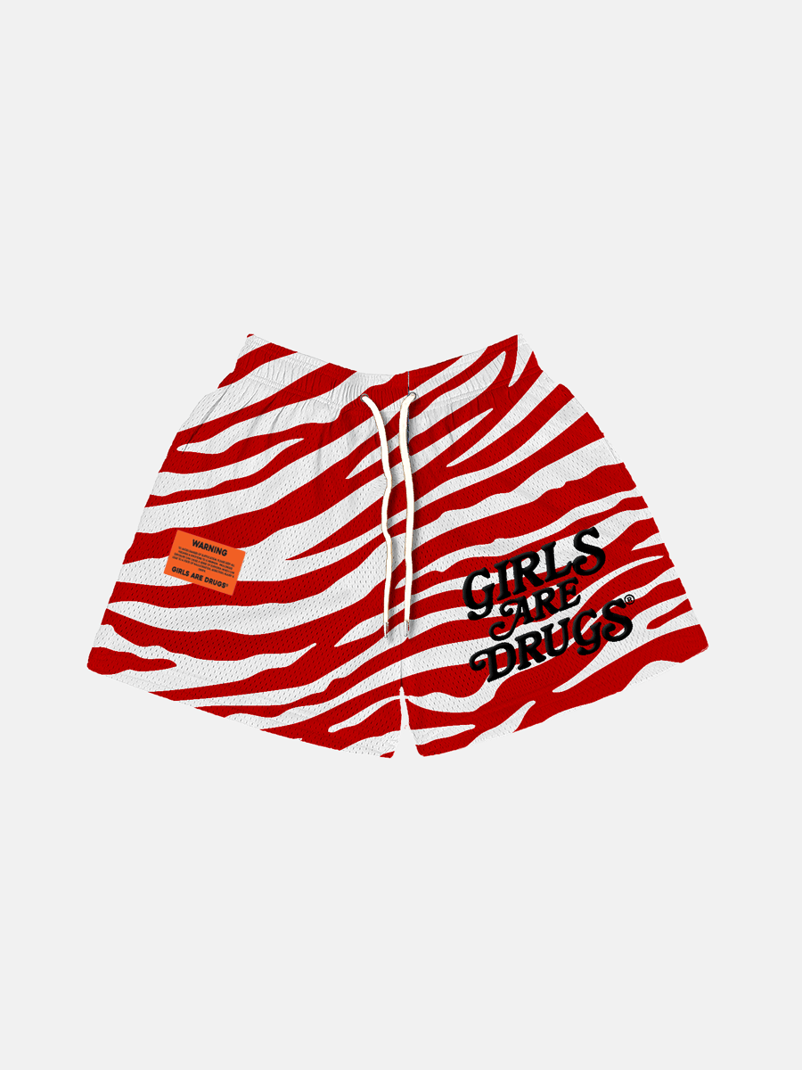 Image of GIRLS ARE DRUGS® MESH SHORTS - "TIGER STRIPES" - RED / WHITE *ORIGINAL PRICE: $65*