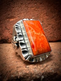 Image 1 of WL&A Handmade High Grade Sponge Coral Thunderbird Heavy Signet Ring - Size 10