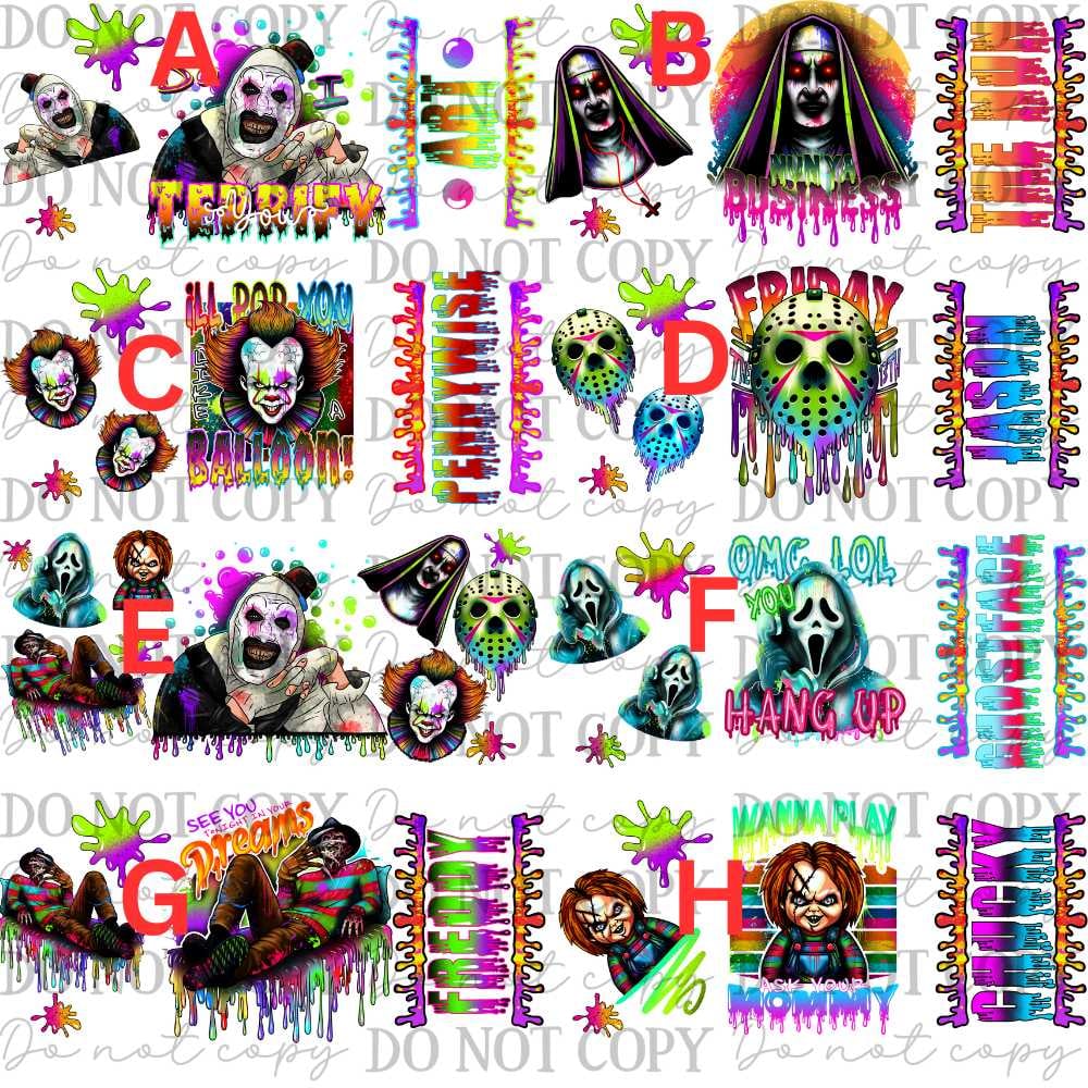 Image of Horror Character Drips Uv Dtf Wraps Double Sided Choice of 8   W0817