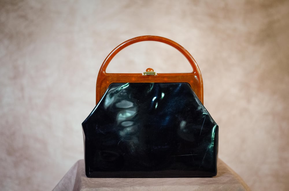 Image of Vintage 1950's Patent & Lucite Handbag