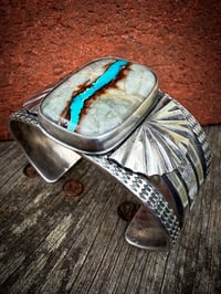 Image 1 of WL&A Handmade Ingot Natural Gem Grade Montezuma Royston Ribbon Sunrise Cuff - Size 7 to 7.5" Wrist 