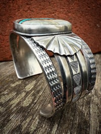 Image 4 of WL&A Handmade Ingot Natural Gem Grade Montezuma Royston Ribbon Sunrise Cuff - Size 7 to 7.5" Wrist 