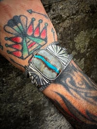 Image 6 of WL&A Handmade Ingot Natural Gem Grade Montezuma Royston Ribbon Sunrise Cuff - Size 7 to 7.5" Wrist 