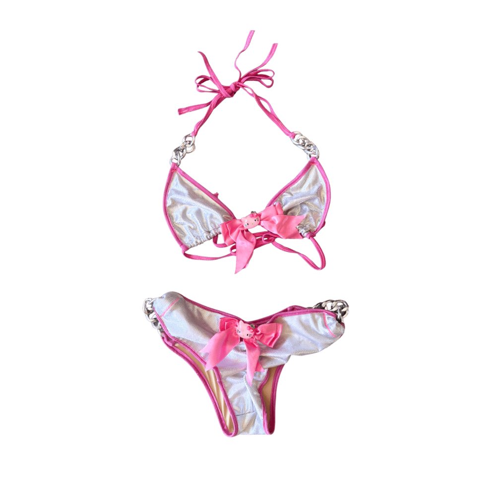 Image of HELLO KITTY SILVER CHAIN PINK BOW BIKINI SET