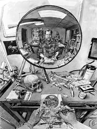 Self portrait in convex mirror with skull