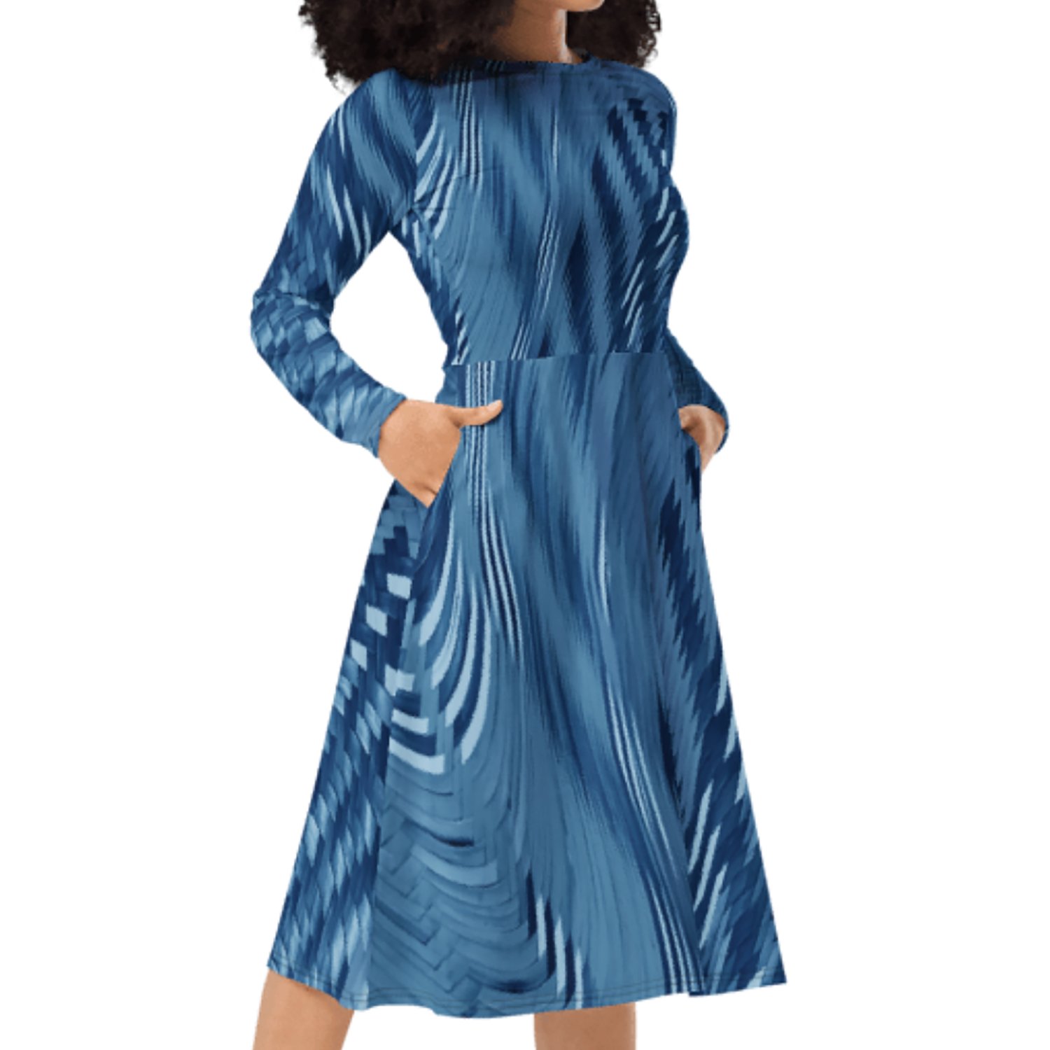 Image of LONG-SLEEVED PRINTED DRESS - RE2026 BLUE WEAVE