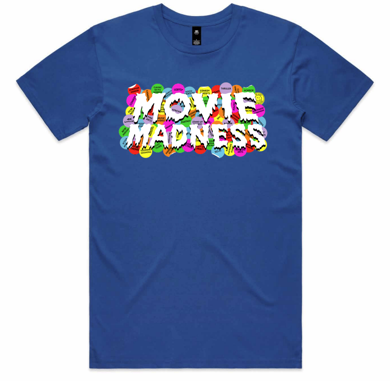 Image of Movie Madness Genre Sticker Shirt - Blue
