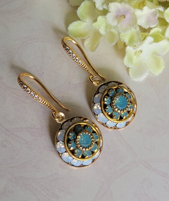 Swarovsk Green-Blue (Pacific Opal) and White Opal Drop Earrings