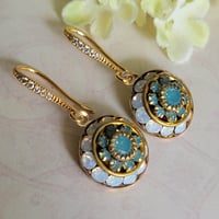 Image 7 of Swarovsk Green-Blue (Pacific Opal) and White Opal Drop Earrings