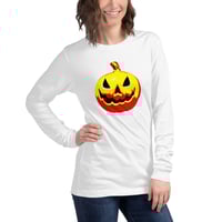 Image 2 of Long Sleeve Tee (Adult M/F) - Jack O Lantern Vintage Red-Yellow
