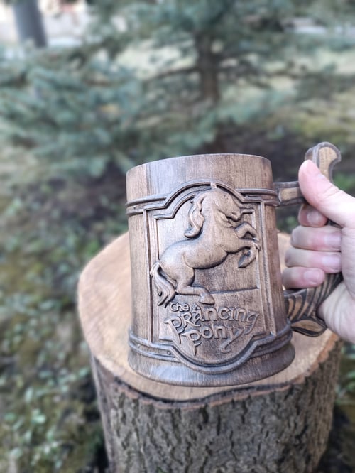 Image of Prancing Pony wooden beer mug.