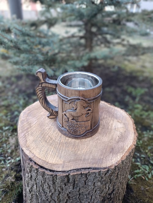 Image of Prancing Pony wooden beer mug. 