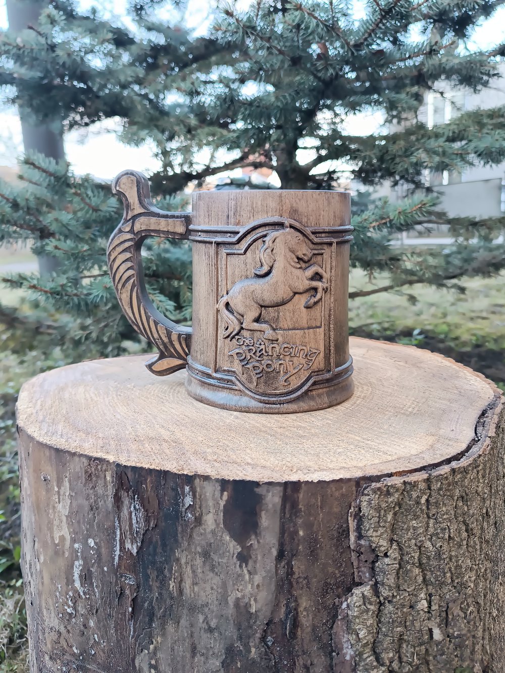Image of Prancing Pony wooden beer mug. 