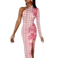 Image 2 of One Shoulder Slit Maxi Dress- Pink Palaka with Plumeria and Monstera Print