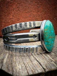 Image 4 of WL&A Handmade Ingot High Grade Patagonia Turquoise Arrow Cuff - Size 7 to 7.5" Wrist 