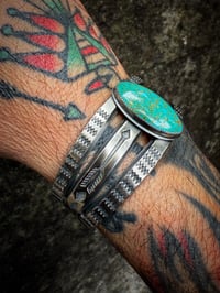 Image 6 of WL&A Handmade Ingot High Grade Patagonia Turquoise Arrow Cuff - Size 7 to 7.5" Wrist 