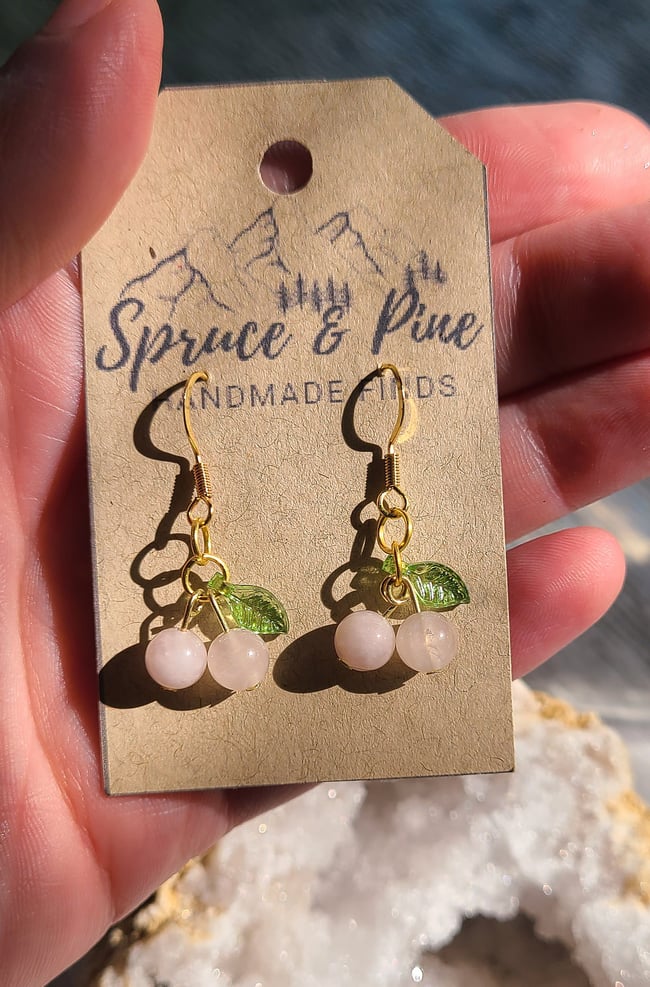 Rose Quartz Gemstone 18K Gold Cherry Earrings 