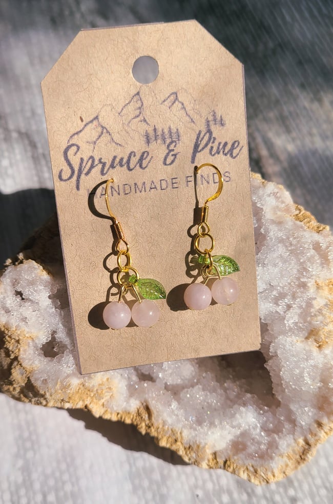 Rose Quartz Gemstone 18K Gold Cherry Earrings 