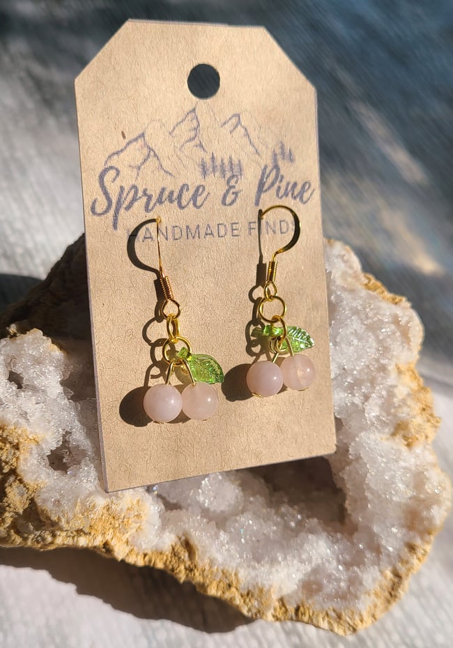 Rose Quartz Gemstone 18K Gold Cherry Earrings 