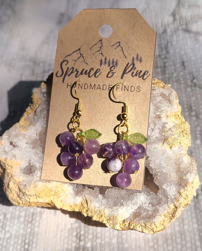 Handmade Natural Amethyst Grape Earrings (18K Gold)