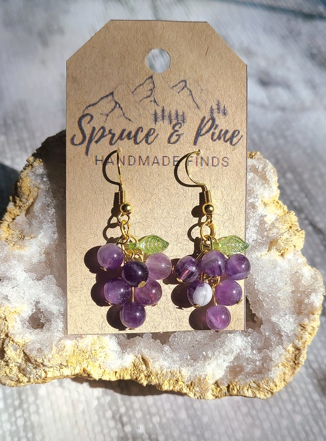 Handmade Natural Amethyst Grape Earrings (18K Gold)