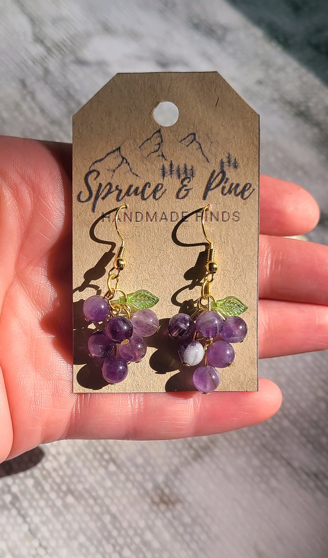 Handmade Natural Amethyst Grape Earrings (18K Gold)