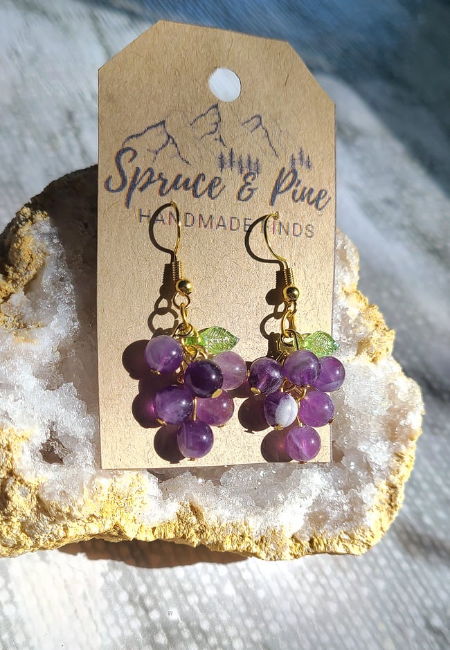 Handmade Natural Amethyst Grape Earrings (18K Gold)