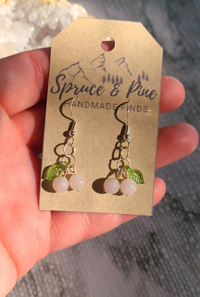 Rose Quartz & Sterling Silver Handmade Cherry Earrings
