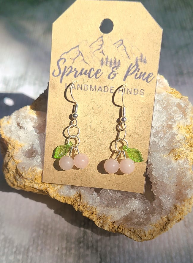 Rose Quartz & Sterling Silver Handmade Cherry Earrings
