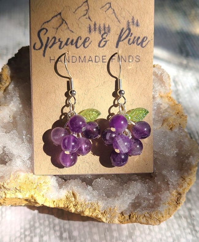 Handmade Sterling Silver & Natural Amethyst Grape Earrings