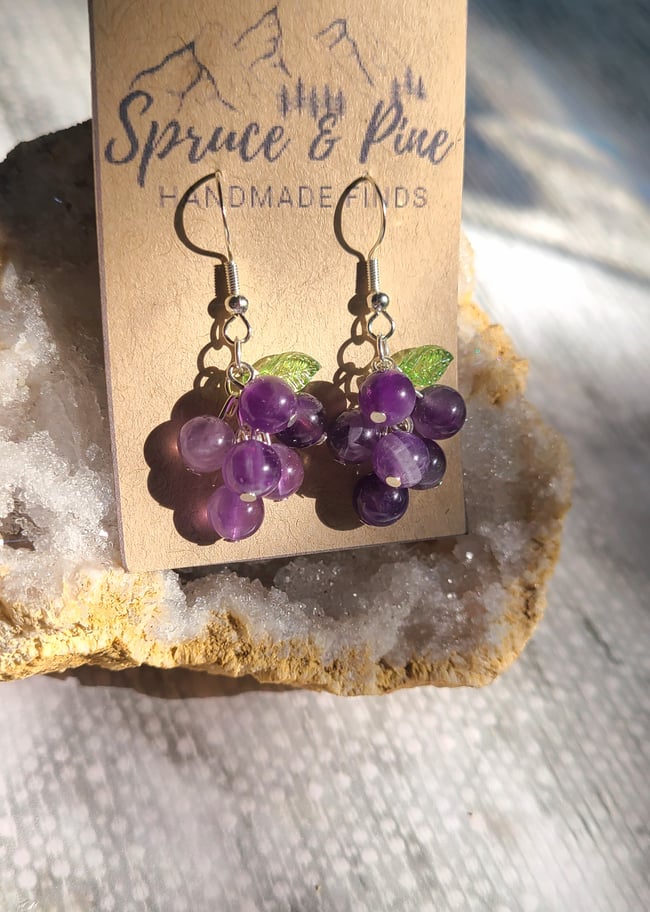 Handmade Sterling Silver & Natural Amethyst Grape Earrings