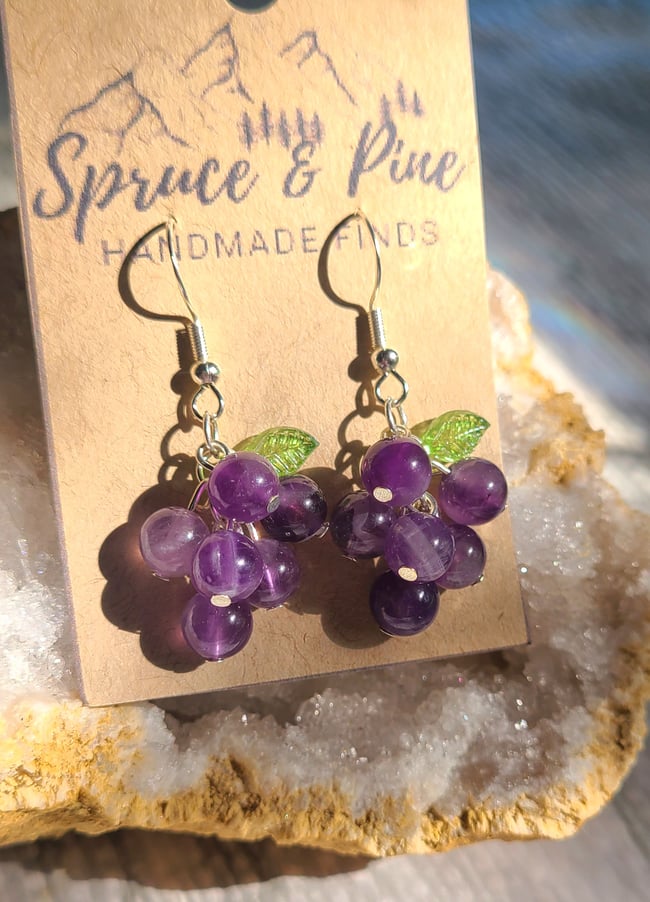 Handmade Sterling Silver & Natural Amethyst Grape Earrings