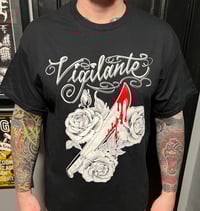 Vigilante (machete/rose tattoo flash) black tshirt