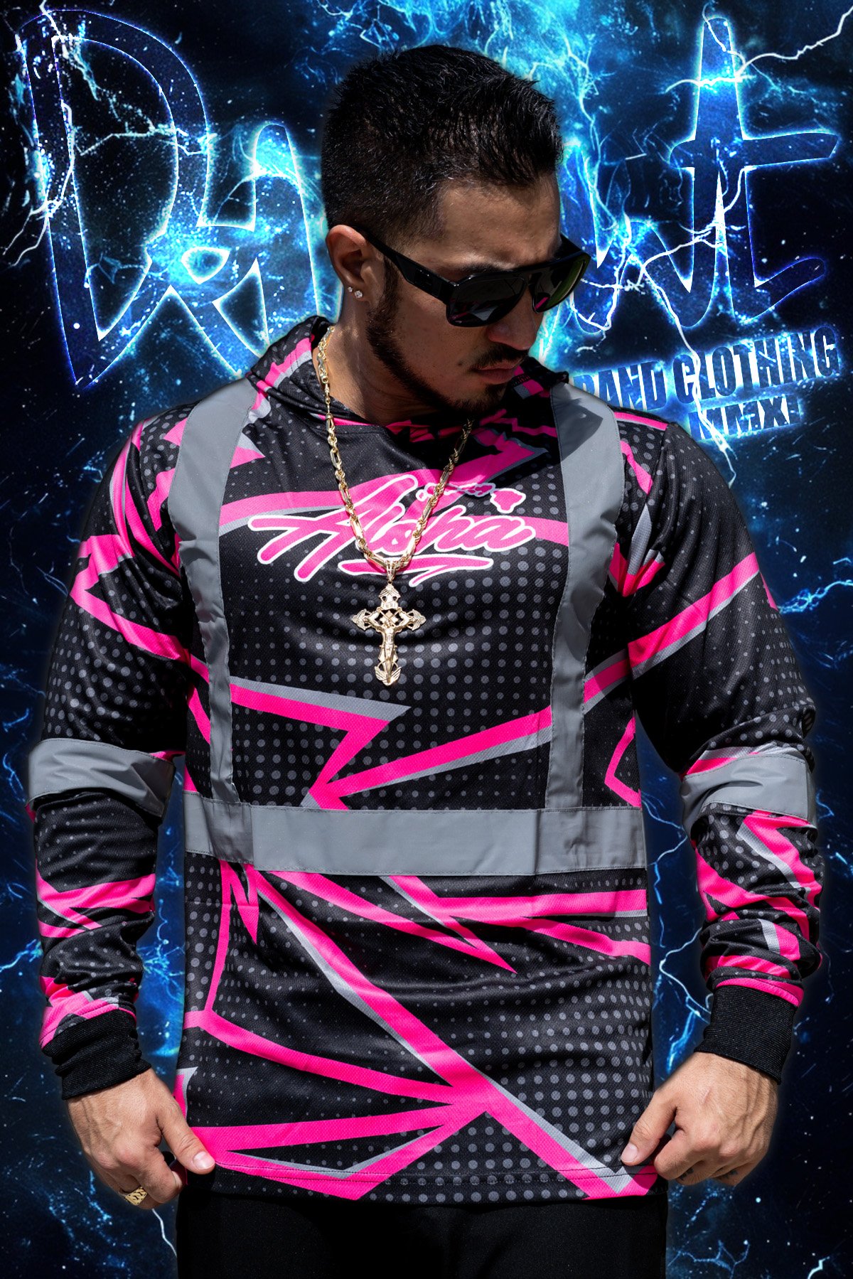 Neon Pink/Black Bolts Motocross HI Viz. (Mesh) Hooded Long Sleeve
