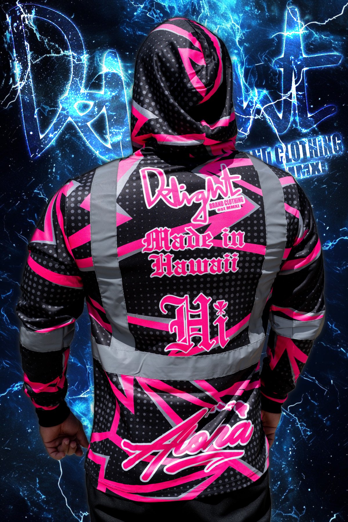 Neon Pink/Black Bolts Motocross HI Viz. (Mesh) Hooded Long Sleeve