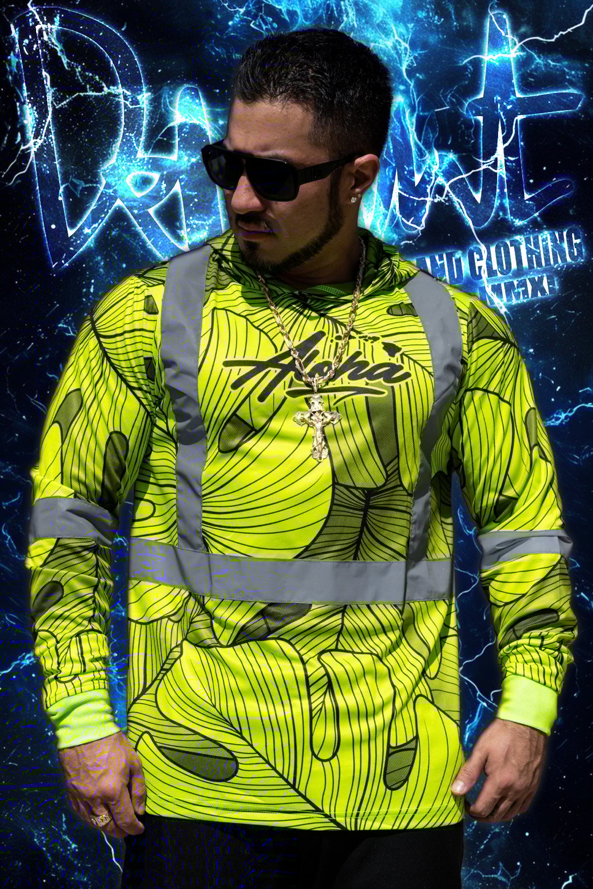 Neon Green/Monstera HI Viz. (Mesh) Hooded Long Sleeve