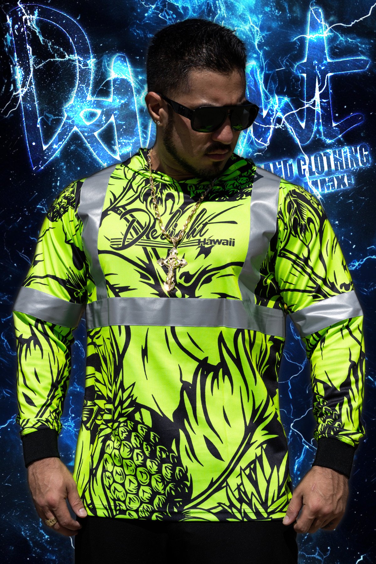 Delight Hawaii - Neon Green/Black Pineapple (Mesh) Hooded Long Sleeve