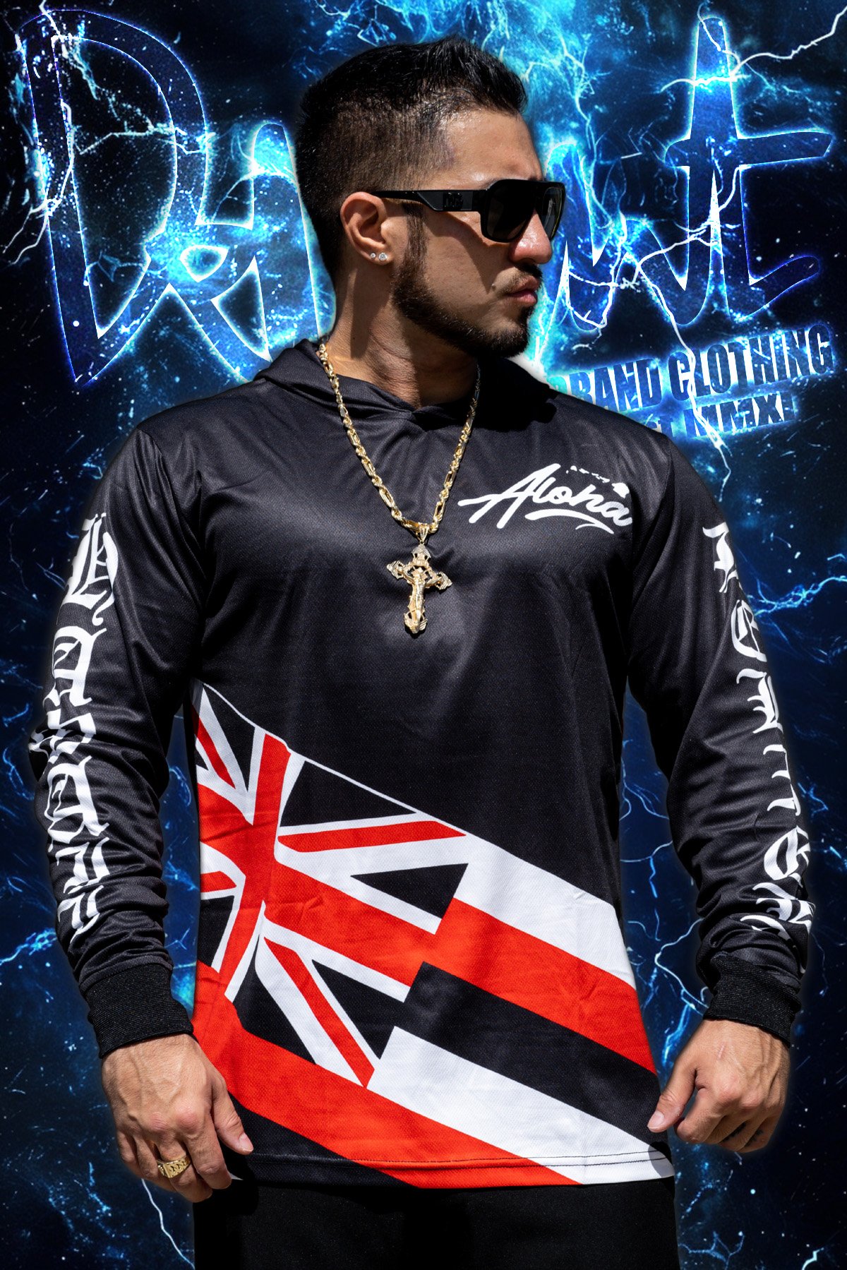 Aloha Islands Half-Flag (Red White Black) Hooded Long Sleeve