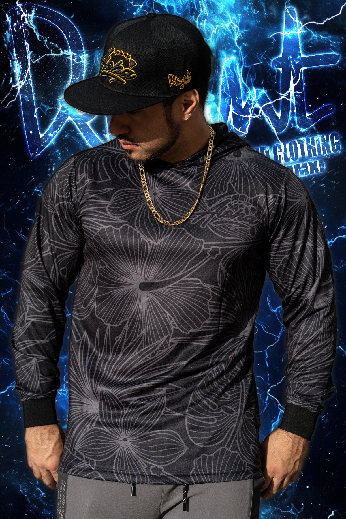 Hibiscus Aloha Islands (Micro Mesh) Black/Grey - Hooded Long Sleeve