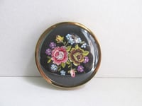 Image 2 of Vintage Mascot Powder Compact, Roses and Flowers Needlework Top, c 1960s, Dia ~3 inches