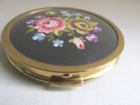 Image 6 of Vintage Mascot Powder Compact, Roses and Flowers Needlework Top, c 1960s, Dia ~3 inches