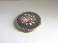 Image 3 of Vintage Mascot Powder Compact, Roses and Flowers Needlework Top, c 1960s, Dia ~3 inches