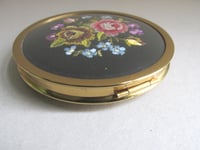Image 7 of Vintage Mascot Powder Compact, Roses and Flowers Needlework Top, c 1960s, Dia ~3 inches