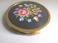 Image 5 of Vintage Mascot Powder Compact, Roses and Flowers Needlework Top, c 1960s, Dia ~3 inches