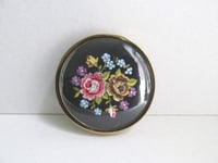 Image 1 of Vintage Mascot Powder Compact, Roses and Flowers Needlework Top, c 1960s, Dia ~3 inches