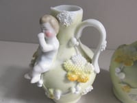 Image 9 of Pair of Antique Miniature Jug Ornaments, Baby Figurines and Leaf Decor, H 8.3cm, small chips/wear 